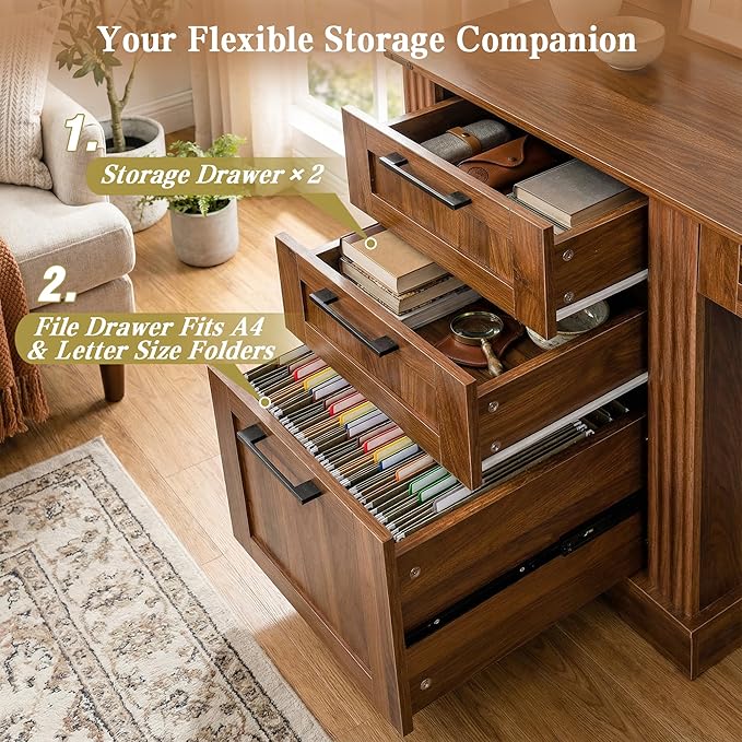59.5 Farmhouse Office Desk with Charging Station &amp Storage Cabinet Barn Door Design Home Office Study Desk with File Drawer Monitor Stand &amp Keyboard Tray for Office Study (Dark Walnut)