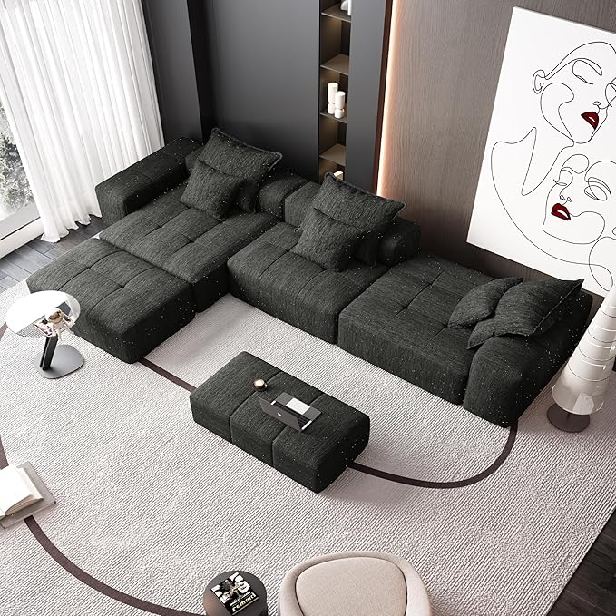 184'' Cloud Couch Modular Sectional Sofa with Ottoman Chenille Oversized Compression Boneless Sofa 6 PC DIY Combination Sleeper Chaise Longue Minimalist Couches for Living Room Black