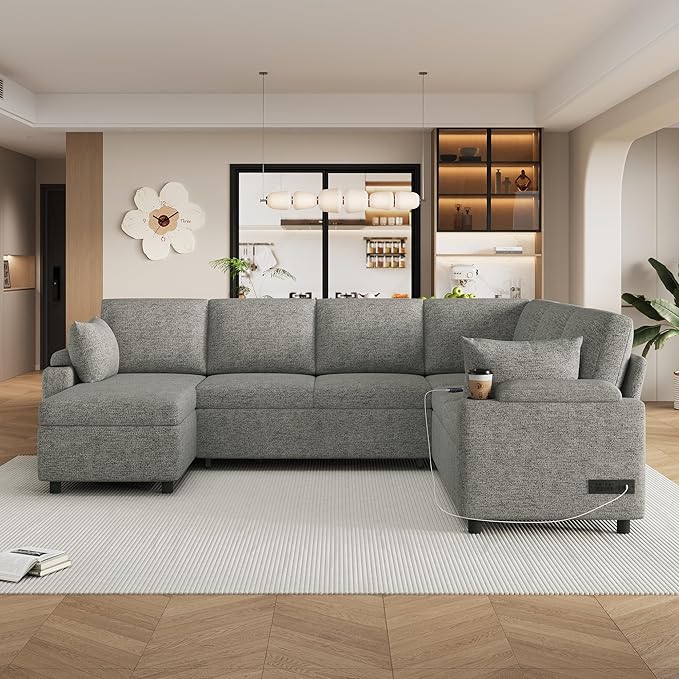 Sleeper Sofa with Pull Out Bed Oversized U Shaped 7 Seat Modular Sectional Couches for Living Room Sofa Bed with Storage Chaise Lounge USB Ports Cup Holders Chenille Cloud CouchLight Grey