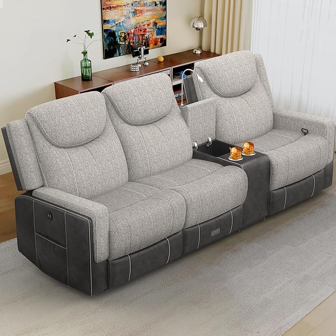 Recliner Sofa 2 - Way Multi - Function Manual 3 Seater Couch with Cup Holders Storage &amp USB Ports Modern Multifunctional Sofa Grey Linen &amp Leather Reclining Couch for Living Room