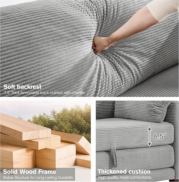 51 Loveseat Sleeper Sofa Bed Corduroy Convertible Floor Sofa Bed for Small Spaces Folding Couch Bed with Deep Seat 2 Pillows &amp Solid Frame Pull Out Floor Couch for Living Room Grey