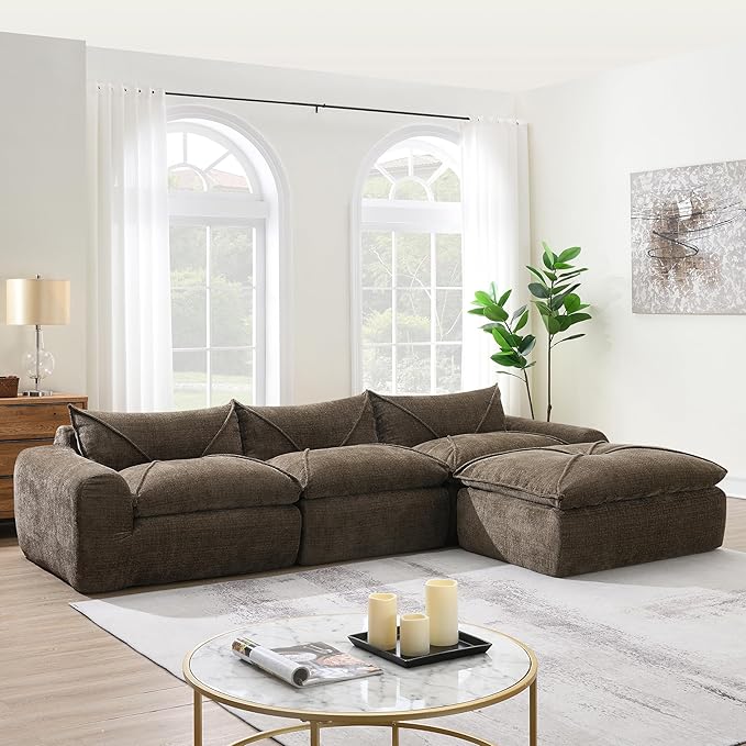 116'' Oversized Modular Sofa Fully Compressed 4 Seat Spacious Foam-Filled Sofa Bed for Living Room Free Combination Friendly Design L-Shaped Comfy Couches No Assembly Required (Brown-QJ88)