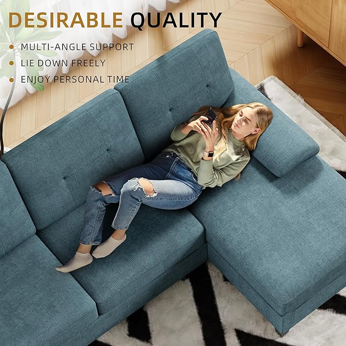 JAMFLY 107 U-Shaped Modern Sofa Modular Sectional Cloud Couch with Chaise 4-Seat Deep Seat Sofa for Living Room Bedroom and Apartment Blue