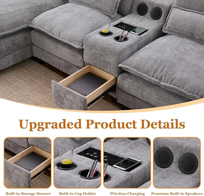 126 Modular Sectional Sofa with Storage Console Cloud Couch Chenille U-Shaped Sofa Cup Holders &amp Wireless Charger Memory Foam Double Chaise for Living Room Office Grey