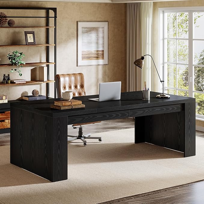 Tribesigns 70.9-Inch Wooden Computer Desk Large Farmhouse Executive Office Desk with Sturdy Double Pedestal Legs Writing Workstation Business Furniture for Home Office (Black)