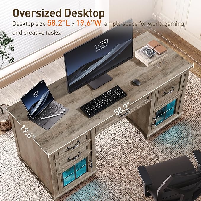 58 Farmhouse Executive Desk Farmhouse Computer Desk with Drawers &amp File Cabinet Wooden Home Office Desk with Power Outlet &amp LED Light Workspace for Study Writing Greige