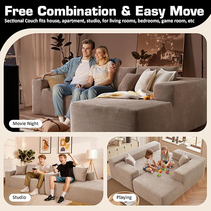 106 Cloud Sectional Couch with Chaise Lounge Deep Seat L Shaped Modern Modular Sleeper Sofa No Assembly Required Boneless Couches for Living Room (RightStripe CorduroyCamel)