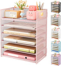 Subekyu 6 Tier Office File Paper Desk Tray Organizer with Handle Stackable Slide Mesh Letter Tray Folder Pink Desk Organizer Desktop Document Sorter for Classroom Office Home Supplies Storage