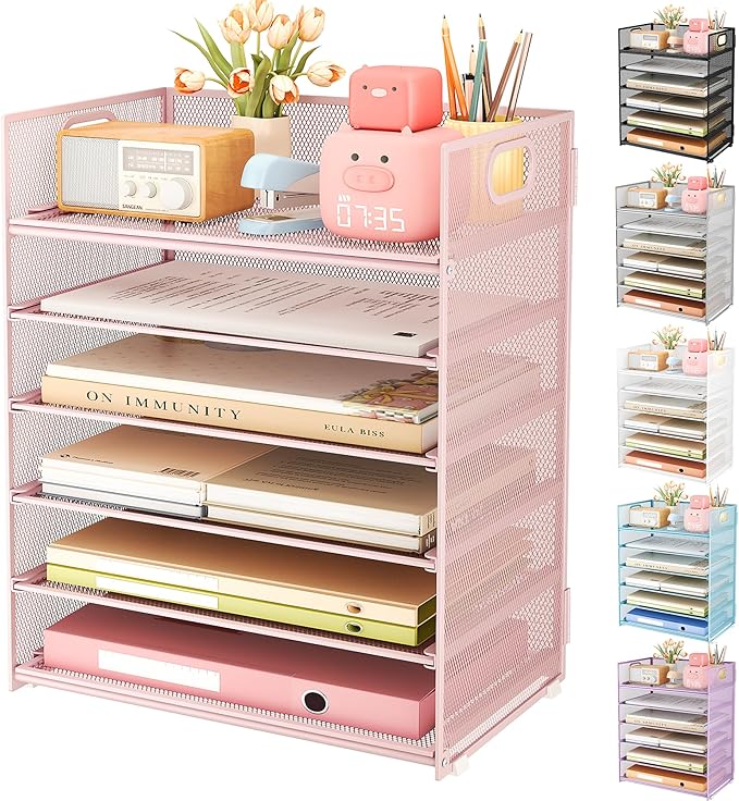 Subekyu 6 Tier Office File Paper Desk Tray Organizer with Handle Stackable Slide Mesh Letter Tray Folder Pink Desk Organizer Desktop Document Sorter for Classroom Office Home Supplies Storage