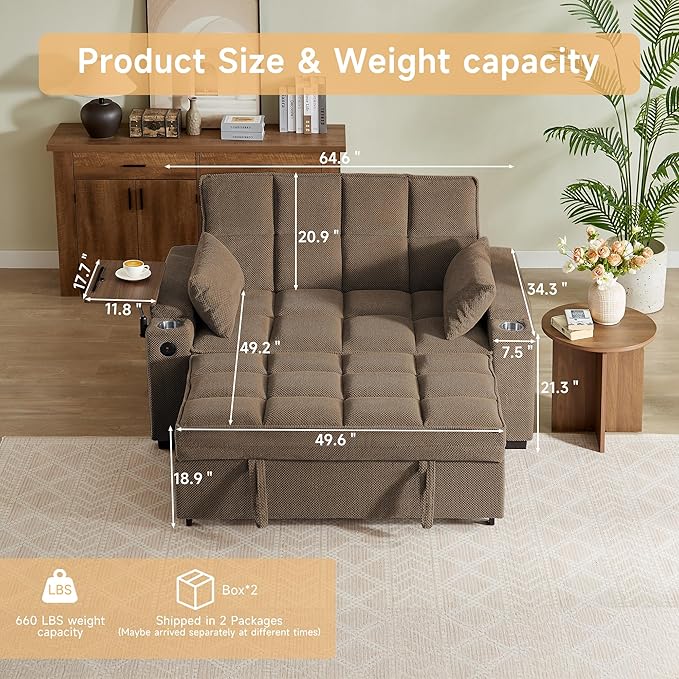 65'' Chaise Lounge Chair Indoor 3-in-1 Convertible Sofa Bed with Pull-Out Design 360° Swivel Side Table Modern Granular Velvet Couch Bed for Living Room Small Space &amp Apartment-Friendly