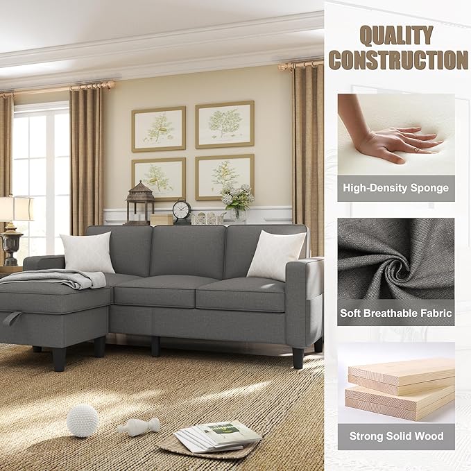 ZeeFu Couch for Living Room - 78'' Beige Linen 3 Seat L-Shaped Sectional Sofa Couches with Storage Ottoman - Modern Small Space Upholstered Furniture Sofa Set for Office Small Space Apartment