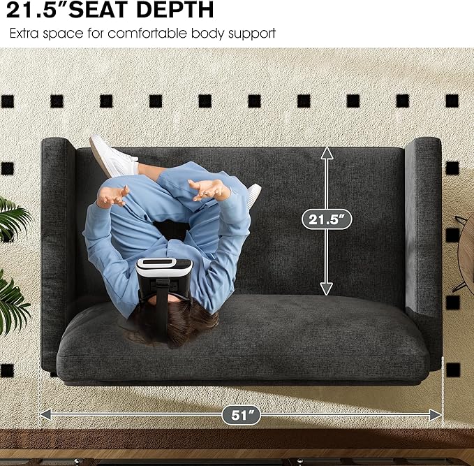 51 Loveseat Sleeper Sofa Bed Chenille Convertible Floor Sofa Bed for Small Spaces Folding Couch Bed with Deep Seat 2 Pillows &amp Solid Frame Pull Out Floor Couch for Living Room Black