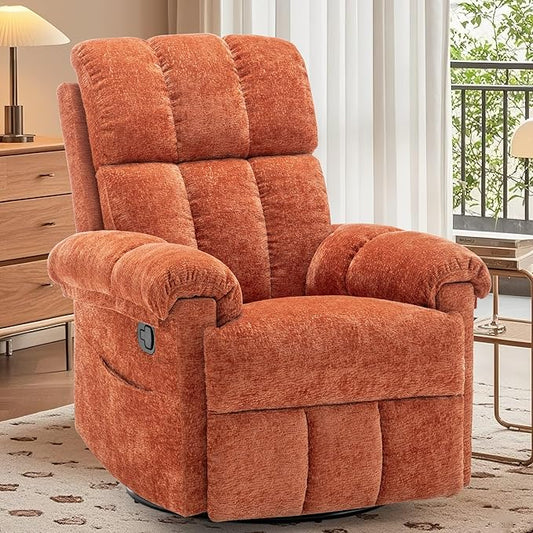 Recliner Chair Swivel Rocker Recliner Chair for Adults Small Recliners for Small Spaces Manual Recliner with Side Pockets Upholstered Nursery Rocking Chair for Living Room Chenille Orange