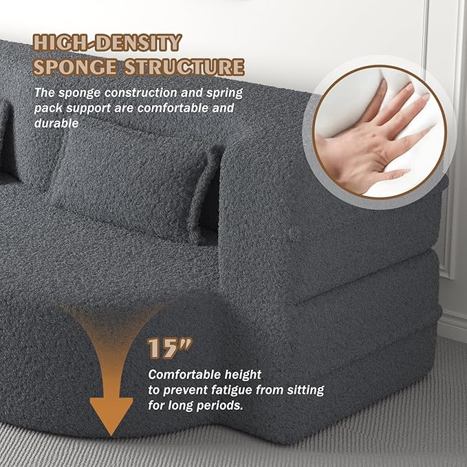 78 Teddy Folding Floor Sofa Couch BedConvertible Folding Sofa Bed Full Size Love Seat Sleeper Bed Floor Sofa Bed with 2 Pillows for Living Room Apartment Office (Grey)