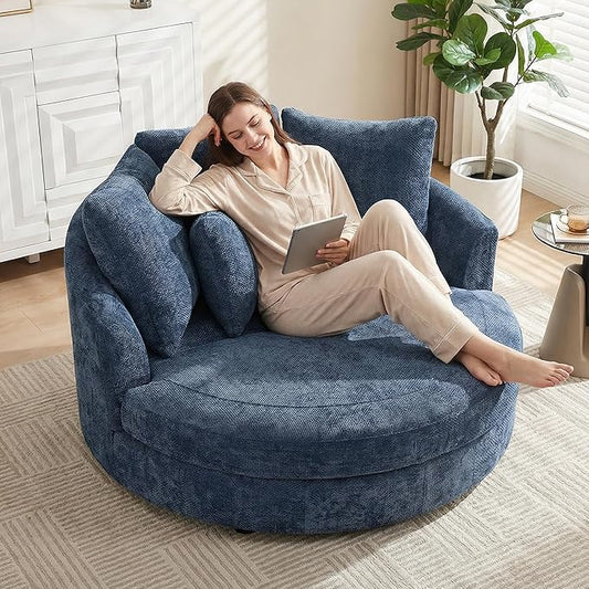 Aoiy &amp Wifon 59.8 W Oversized Barrel Chair Round Accent Chair with Wheels Extra Large Living Room Chair Knitted Chenille Blue