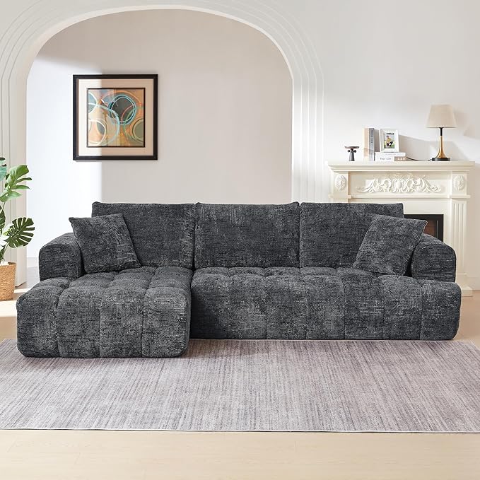 108 Luxury L-Shaped Sectional Sofa 4-Seater Modular Cloud Couch with Pillows Chenille Upholstered Full Foam Floor Sofa for Living Room No Assembly Dark Grey