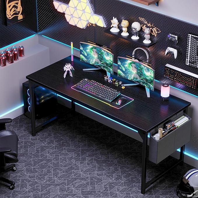OLIXIS Computer Desk 63 Inch Home Office Desks for Small Spaces Gaming Writing Study Work Table with Storage Bag for Bedroom Black