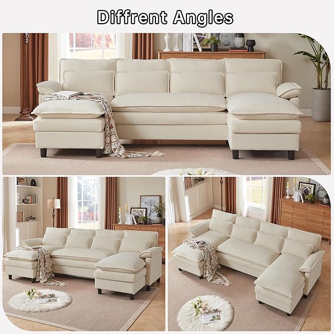 Comfy Cloud Couch Sectional Sofa with Lumbar Pillows 105 Modern U-Shaped Cloud Sofa with Double Chaise &amp Deep Seat Sectional Couches for Living Room Office Easy Assembly Beige