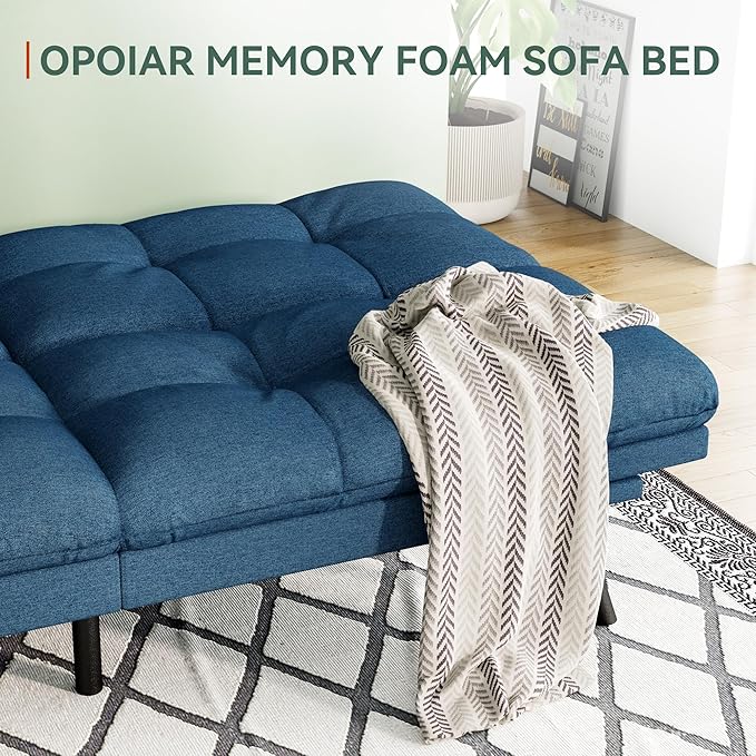 Opoiar Convertible Futon Sofa Bed71 Memory Foam Futon CouchDetachable CushionAdjustable Backrest &amp ArmrestLinen Modern Loveseat Sleeper Recliner for Living RoomOfficeApartmentRetro Blue