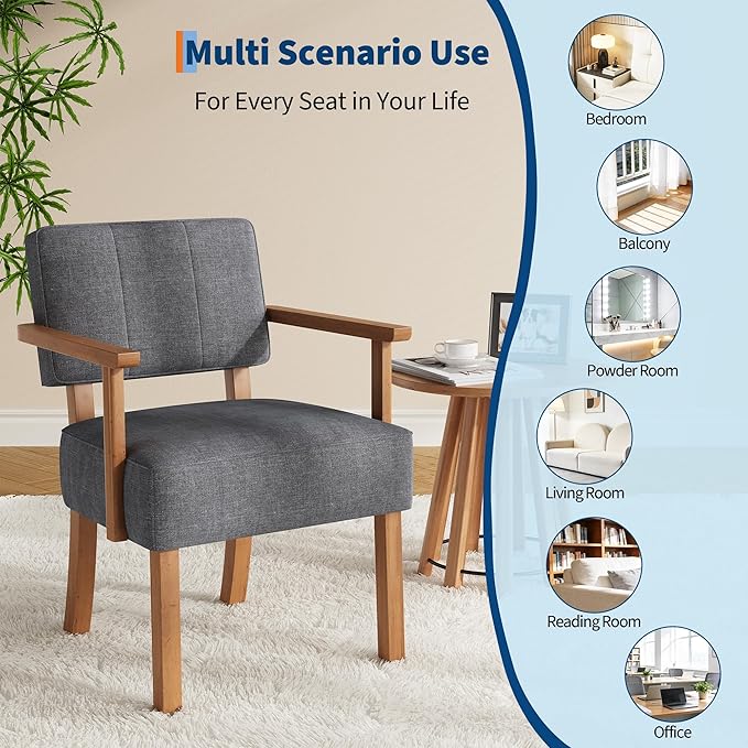 GarveeHome Linen Fabric Accent Chair Mid-Century Modern Armchair with Classic Vertical Stripe Reading Leisure Chair with Wood Frame for Living Room Grey
