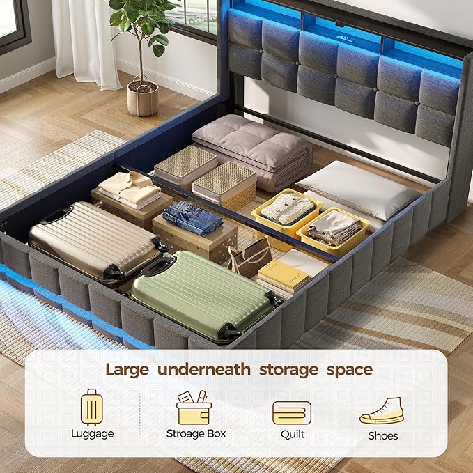 Rolanstar Bed Frame Queen Size with Lift Up Storage Charging Station &amp LED Lights Upholstered Storage Headboard Heavy Duty Wooden Slats No Box Spring Needed Noise Free Easy Assembly Dark Gr