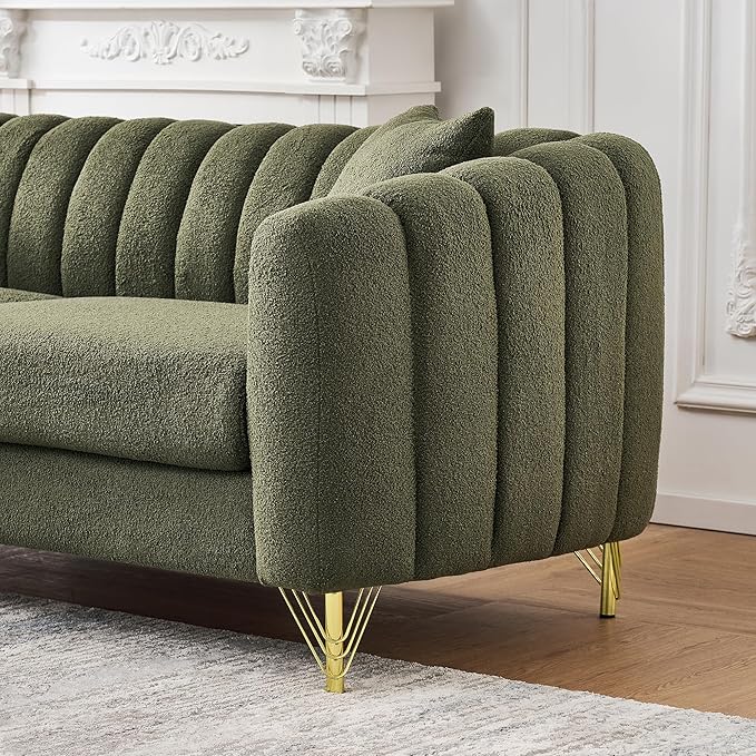 Green Cloud Sofa Set 2 Piece Living Room Furniture Modern Comfy Overstuffed Deep Seat Curved Sofas with Gold Legs &amp Pillows Foam Upholstered Teddy Loveseat with Round Arm (Green Couch and Lovese