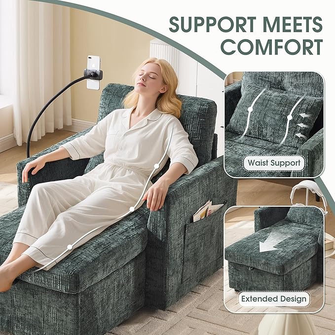 HOMEFUN Sleeper Chair Bed Lazy-Friendly Indoor Chaise Lounge with Storage Cell Phone Bracket Multifunctional Sofa for Bedroom Living Room Small Space Adults