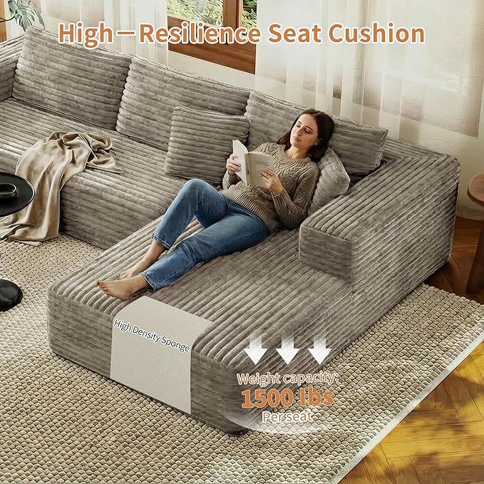 107 Modular Sectional Couches for Living Room Comfy L-Shaped Boneless Cloud Couch with Chaise Modern Deep Seat Corduroy Floor Sofa No Assembly Required (Right Facing Chaise Khaki) | High-density