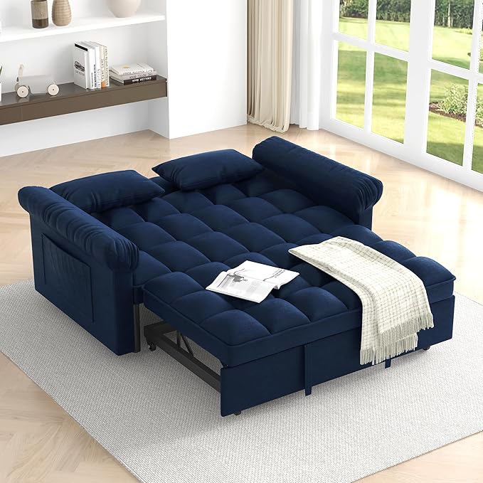 Modern Loveseat Sleeper Sofa with Pull-Out Bed &amp Adjustable Backrest Convertible Sofa Bed with Strong Wood Frame for Small Space Living Room Guest Room Easy Assembly (Blue85)