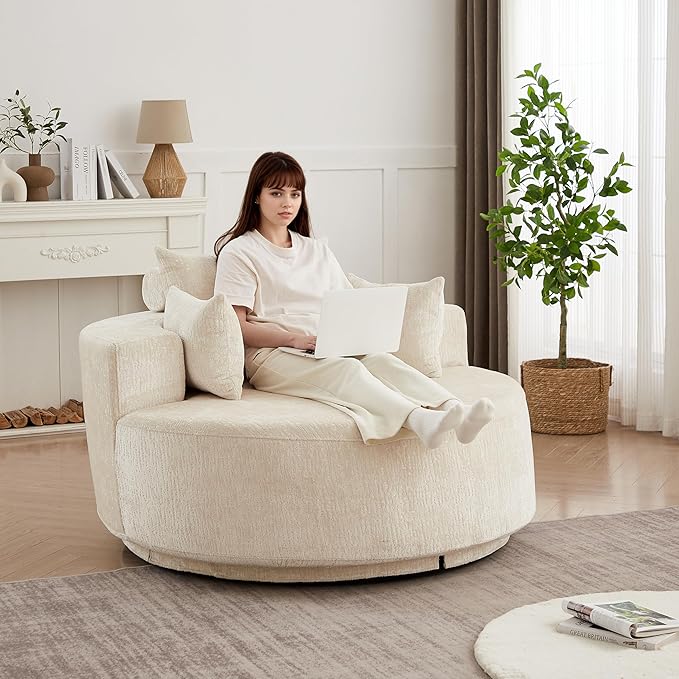 55''L Round Swivel Accent Chair Oversized Chenille Modern Swivel Barrel Chairs Upholstered Cozy Reading Chair for Living Room Bedroom Home Office (Chenille Beige)
