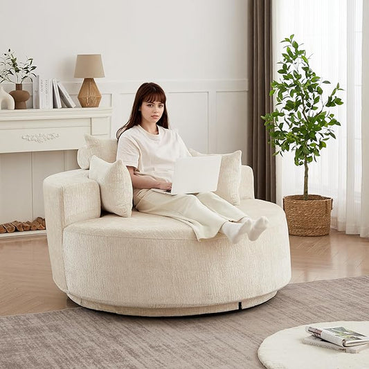 55''L Round Swivel Accent Chair Oversized Chenille Modern Swivel Barrel Chairs Upholstered Cozy Reading Chair for Living Room Bedroom Home Office (Chenille Beige)