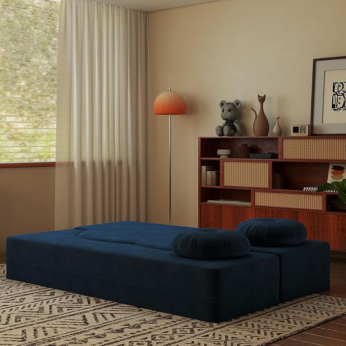 76 Plush Corduroy Convertible Sleeper Sofa Bed Modern Loveseat Sofa with 2 Pillows Compression Couch with Folding Mattress for Living Spaces Blue