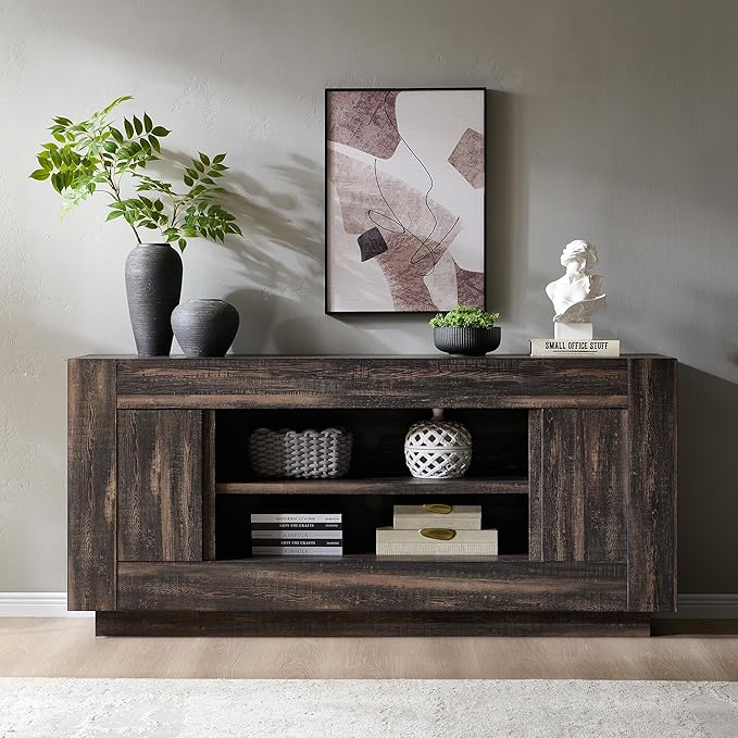 OKD Modern 70 TV Stand Entertainment Center for TVs Up to 80 Media Console with Large Open Storage &amp Side Cabinets Thick Wood Design for Living Room Dark Rustic Oak