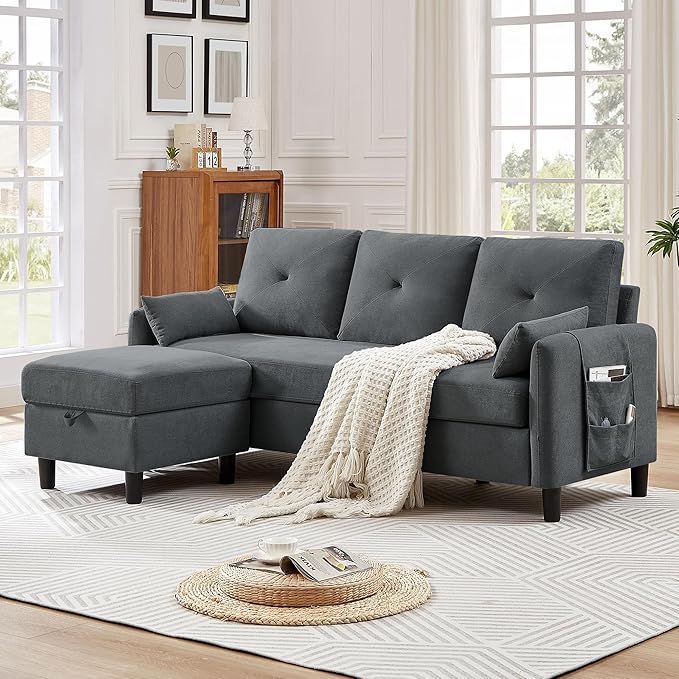2 Piece Sofa Set Modern 3 Seater Sofa and Loveseat Sets Convertible Sectional Couch with Reversible Chaise L Shaped Couch Sets for Living Room Apartment Dark Gray
