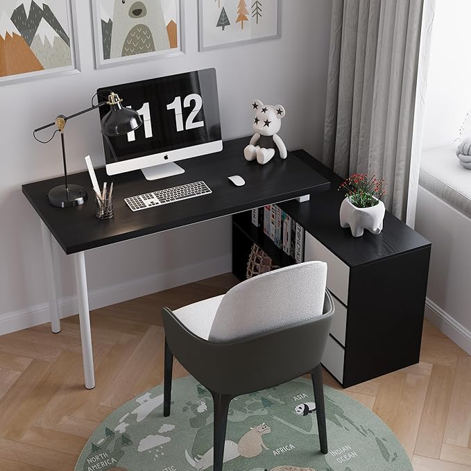 L Shape Computer Desk with 3 Drawers and 2 Shelves Home Office Desk Corner Small Desk with Storage Cabinet for Writing Study Executive – Black and White