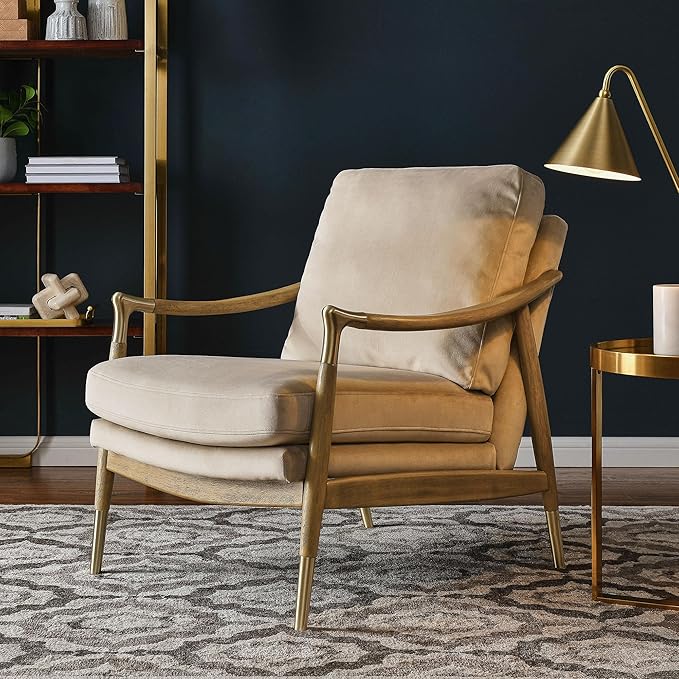Modway Langford Stain-Resistant Performance Velvet Armchair – Mid Century Modern Velvet Chair with Wood Frame – Upholstered Accent Chair for Living Room or Bedroom