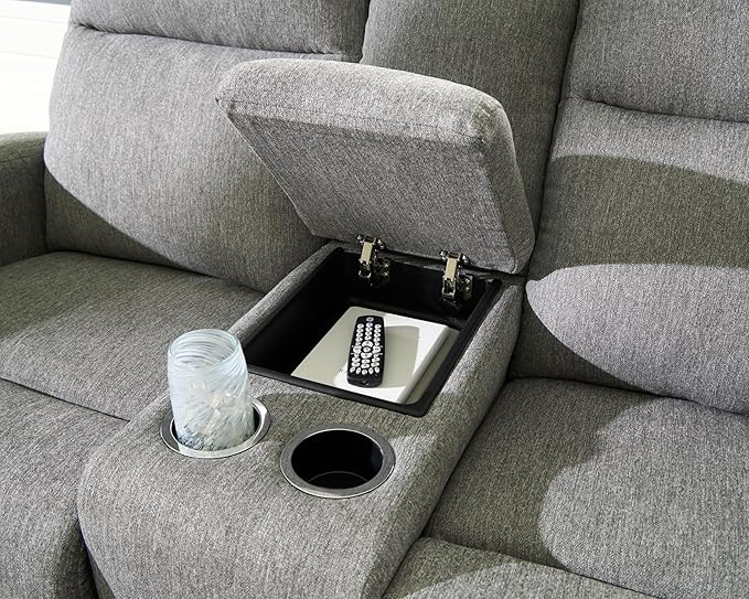 Signature Design by Ashley Carrigan Lane Classic Manual Pull Tab Dual Sided Reclining Loveseat with Console and Storage Gray