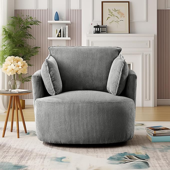 Swivel Accent Chair Round Barrel Armchair Upholstered Living Room Chair Corduroy Reading Chair Single Sofa Chair for Bedroom Apartment Office (Grey Standard 1Seater)