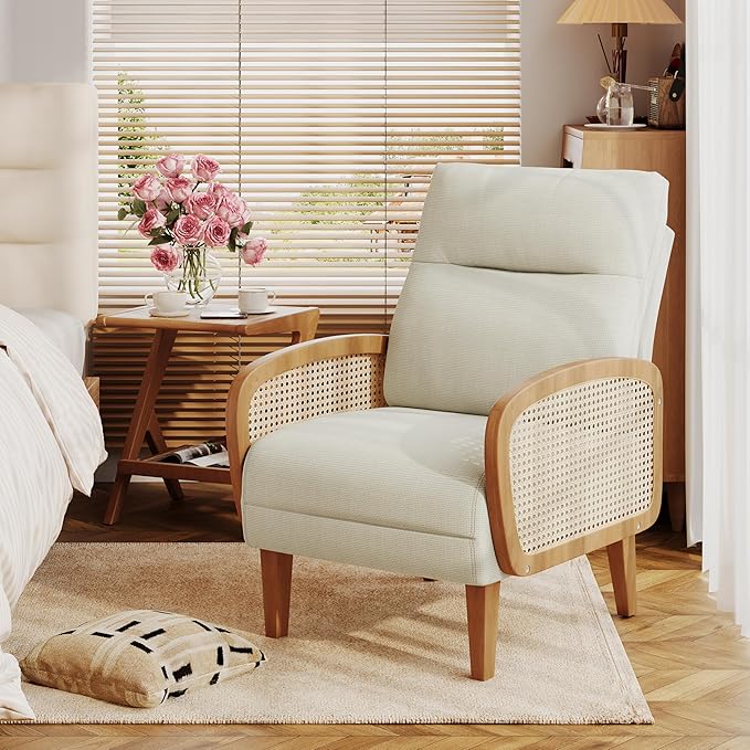Andeworld Accent Chair Set of 2Upholstered Modern Living Room Chairs with Natural Rattan Arm Linen Fabric Arm Chair with Wooden Legs for Bedroom Club Balcony Reception Ivory