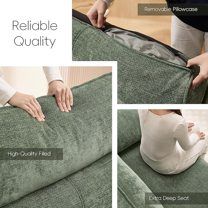 Ihanherry 92 Modern Sofa for Living Room Deep Seat Chenille Couch with Fast Charging Port &amp Removable Washable Cushions Pillow-Armrest Loveseat for Small Space/Apartment Sturdy Frame Green
