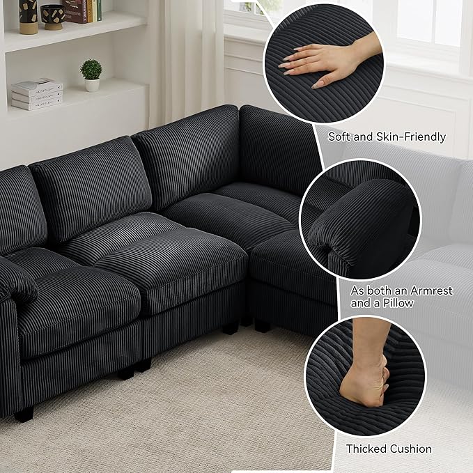 87'' U-Shaped Sectional Sofa with Ottoman 5-Seater Modular Couches for Living Room Corduroy Deep Seat Cloud Sofa with Center Stitched Black