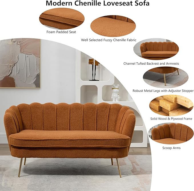 Boucle Small Sofa Couch for Small Spaces Living Room Bedroom59 Loveseat Couches with Gold Metal LegsChannel Tufted 2 Seater Sofas with Curved Back and Arms for ApartmentRV.