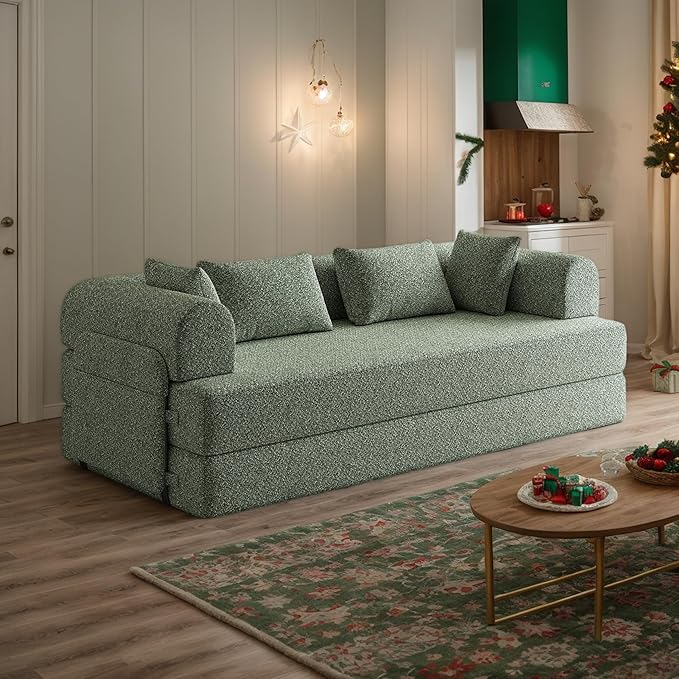 78.7 Chenille 4-in-1 Folding Convertible Sofa Bed Boneless Couches with 4 Pillows &amp Convenient Side Pockets Comfy Foldable Compressed Sofa in Box Floor Sofa Lounge Couch for Living Room(Green)