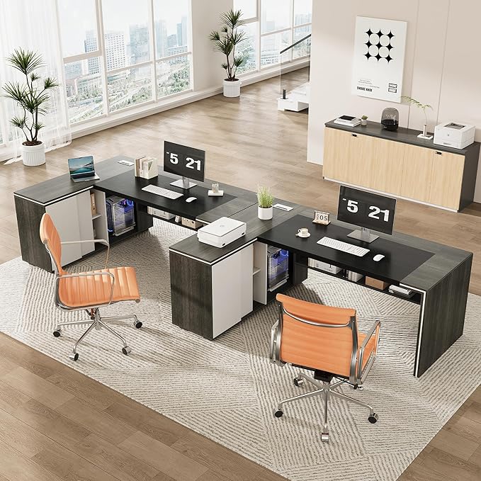 71 L-Shaped Executive Desk with Cabinet Storage Large Office Computer Desk with Storage Shelves Under-Desk Bookshelf CPU Stand Cable Management Business Furniture Workstation (Gray)