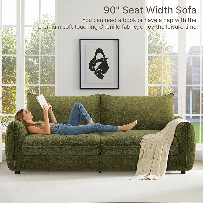 90'' Cloud Loveseat SofaChenille Fabric Couch with 3 Deep Seater Modern Love SeatComfy Thick CushionUpholstered Sofa Couch for Living Room Bedroom Apartment