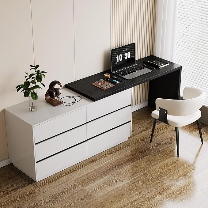 59 Adjustable L-Shaped Vanity Desk with 6 Storage Drawers Extendable Makeup Table for Bedroom Modern Dressing Table for Bedroom Apartment or Home Black and White