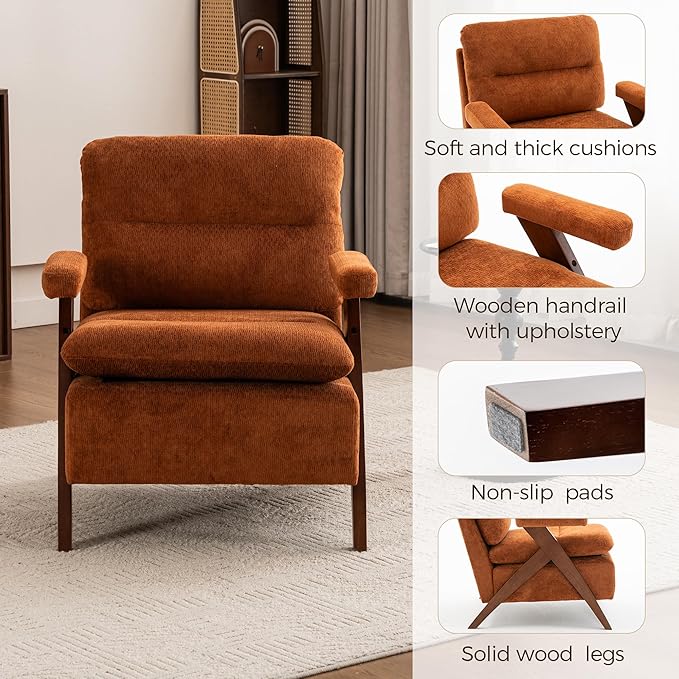 Mid Century Modern Tufted Accent Chair - Sturdy Upholstered Solid Wood Armchair with Breathable Fabric High-Density Cushion Non-Slip Pads for Living Room Reading Room Bedroom Orange
