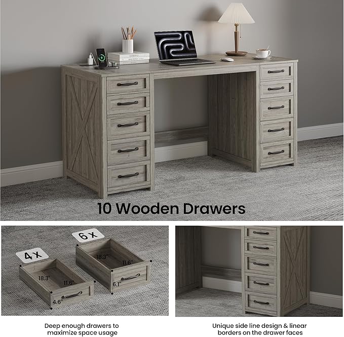 WOPITUES 60 Farmhouse Home Office Desk with 10 Wooden Drawers Rustic Computer Writing Desk with Power Outlets Large Executive Desk with Storage Cabinet for Work Study Writing Craft Gray