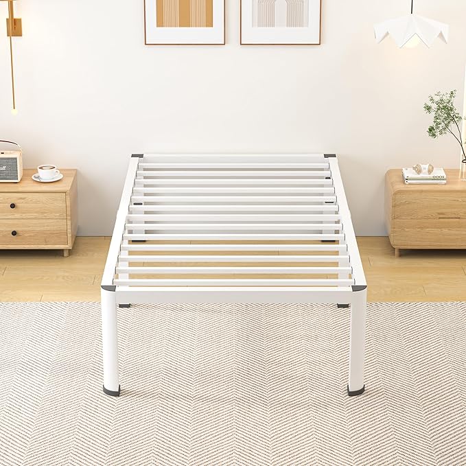 14 Inch Twin Bed Frame Metal Platform Bed Frame with Round Corner Legs 3500 lbs Heavy Duty Steel Slats Support No Box Spring Needed Noise Free Easy Assembly White