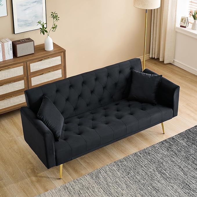 71 Futon Sofa Bed VelvetConvertible Sleeper Sofa CouchModern Folding Futonwith 3 Adjustable Backrests and 2 Pillowsfor Small Living Room Bedroom Office (Black)